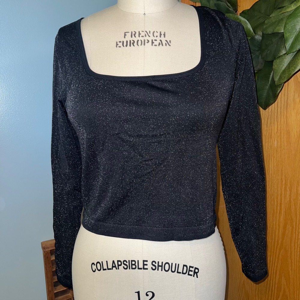 All in Motion XXL Black‎ Sparkle Crop Top Long Sleeve Square Neck Activewear